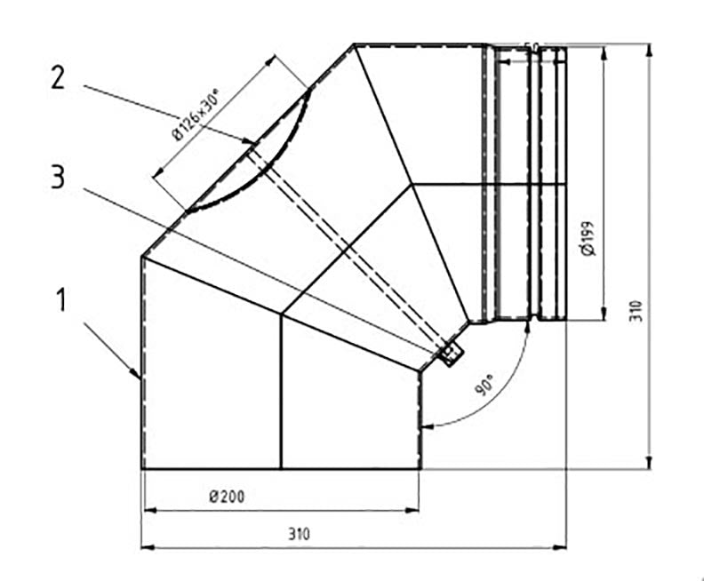 Peisrør Ø200mm 90° M/luke Tredelt Sensotherm