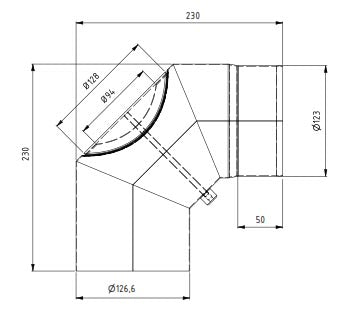 Ø125mm Røykrør 90 grader  m/ luke tredelt sort emalje