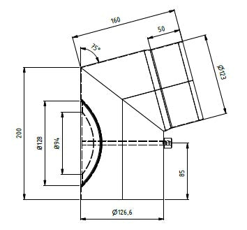 Røykrør Ø125 mm – 75 Grader med Inspeksjonsluke, Sort Emalje