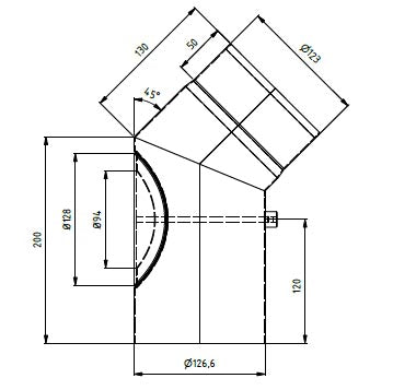 Ø125mm Røykrør 45 grader m/ luke sort emalje