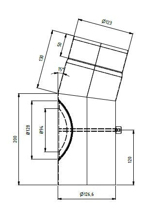 Røykrør Ø125 mm – 15 Grader med Inspeksjonsluke, Sort Emalje